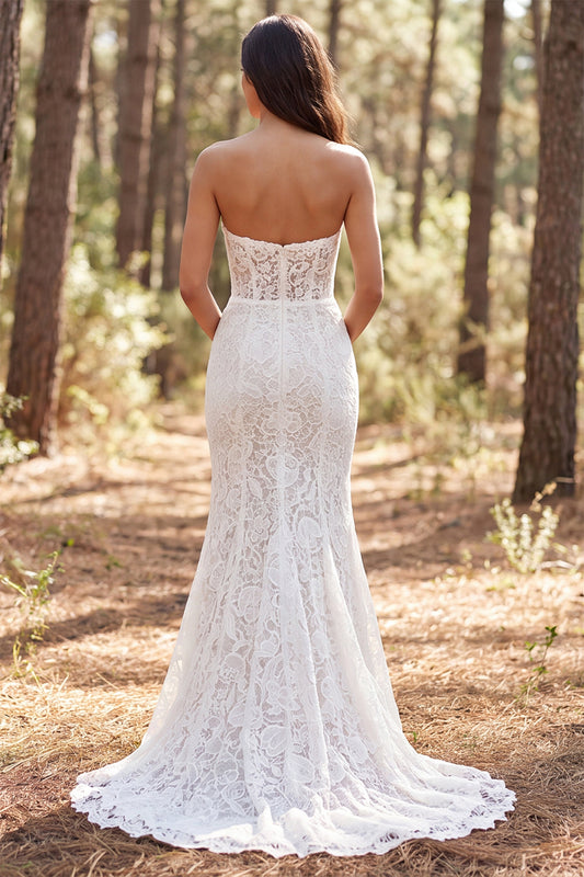 Ivory Lace Mermaid Ruffled Sweep Train Boho Wedding Dress
