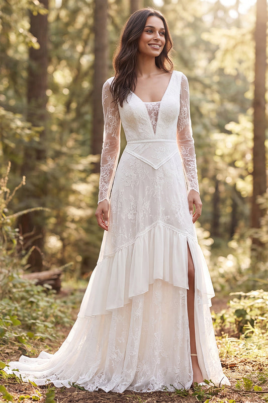 Ivory A-Line Long Sleeves Ruffled Sweep Train Boho Wedding Dress with Slit