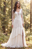 Ivory A-Line Long Sleeves Ruffled Sweep Train Boho Wedding Dress with Slit