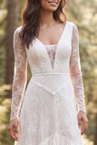 Ivory A-Line Long Sleeves Ruffled Sweep Train Boho Wedding Dress with Slit