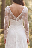 Ivory A-Line Long Sleeves Ruffled Sweep Train Boho Wedding Dress with Slit