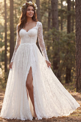Ivory A-Line Long Sleeves Sweep Train Boho Wedding Dress with Slit