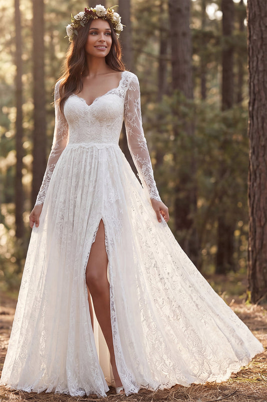 Ivory A-Line Long Sleeves Sweep Train Boho Wedding Dress with Slit