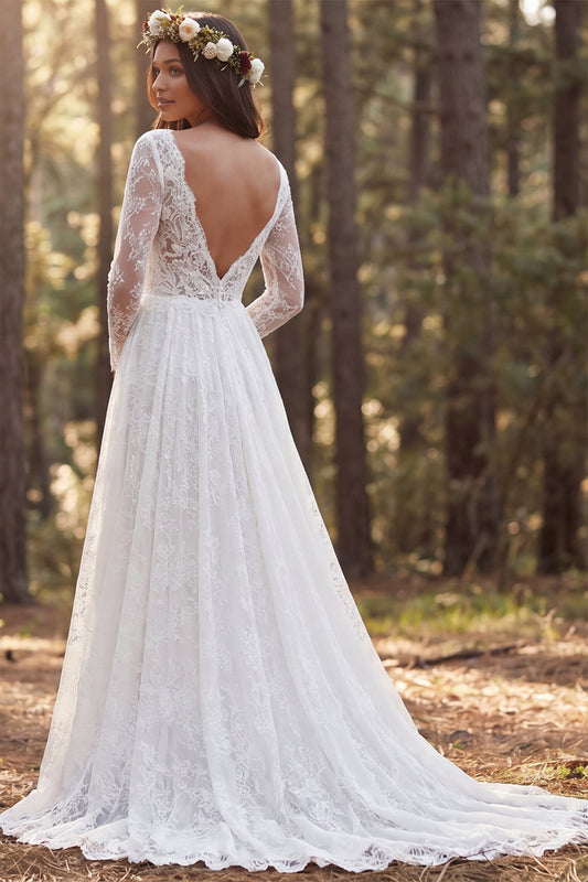 Ivory A-Line Long Sleeves Sweep Train Boho Wedding Dress with Slit