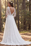 Ivory A-Line Long Sleeves Sweep Train Boho Wedding Dress with Slit