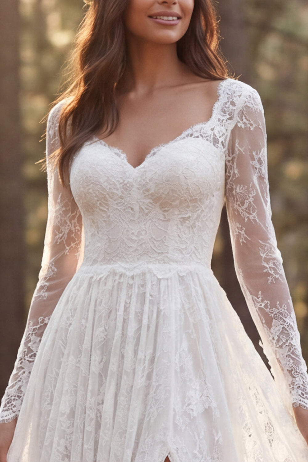 Ivory A-Line Long Sleeves Sweep Train Boho Wedding Dress with Slit