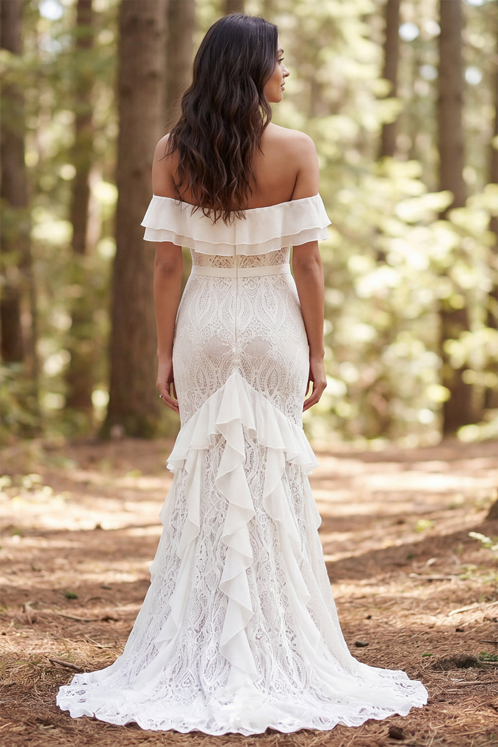 Ivory Mermaid Off the Shoulder Ruffled Sweep Train Boho Wedding Dress