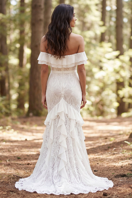 Ivory Mermaid Off the Shoulder Ruffled Sweep Train Boho Wedding Dress