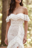 Ivory Mermaid Off the Shoulder Ruffled Sweep Train Boho Wedding Dress