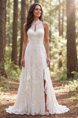 Ivory A-Line High Neck Lace Sweep Train Boho Wedding Dress with Slit