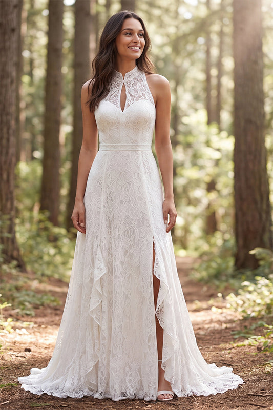 Ivory A-Line High Neck Lace Sweep Train Boho Wedding Dress with Slit