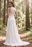 Ivory A-Line High Neck Lace Sweep Train Boho Wedding Dress with Slit