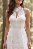 Ivory A-Line High Neck Lace Sweep Train Boho Wedding Dress with Slit