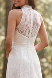 Ivory A-Line High Neck Lace Sweep Train Boho Wedding Dress with Slit