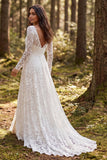 Ivory A-Line V-Neck Lace Long Sleeves Sweep Train Boho Wedding Dress