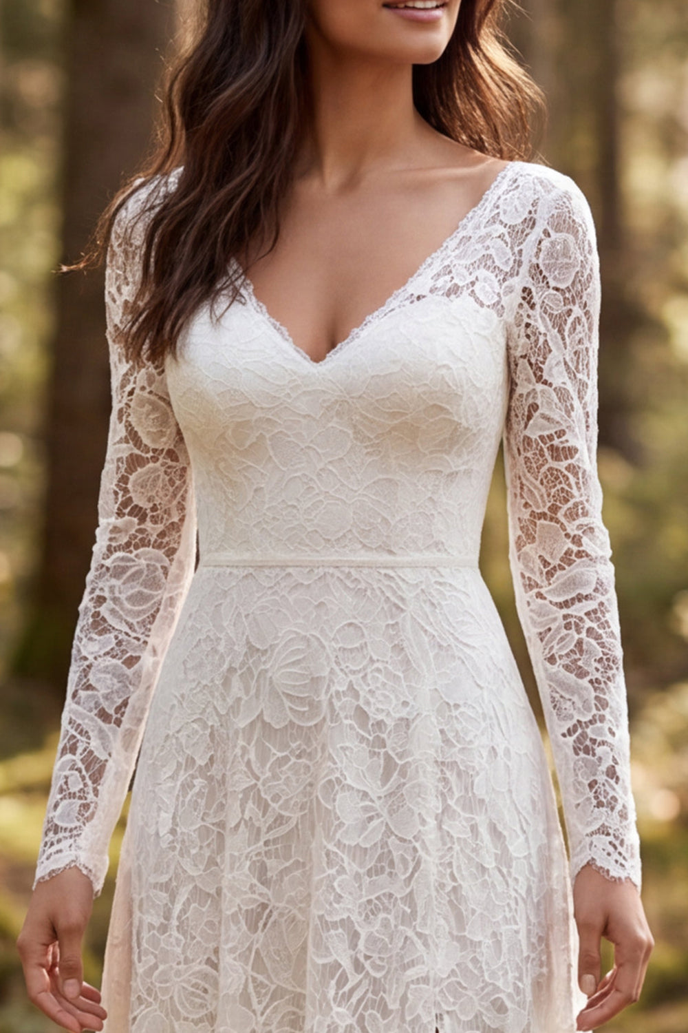 Ivory A-Line V-Neck Lace Long Sleeves Sweep Train Boho Wedding Dress