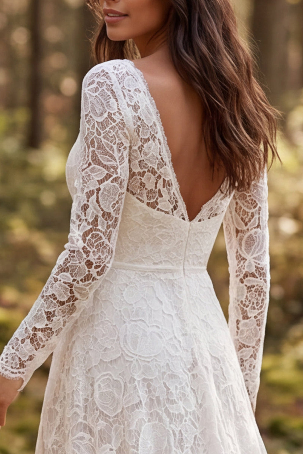 Ivory A-Line V-Neck Lace Long Sleeves Sweep Train Boho Wedding Dress