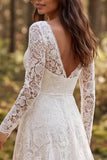 Ivory A-Line V-Neck Lace Long Sleeves Sweep Train Boho Wedding Dress