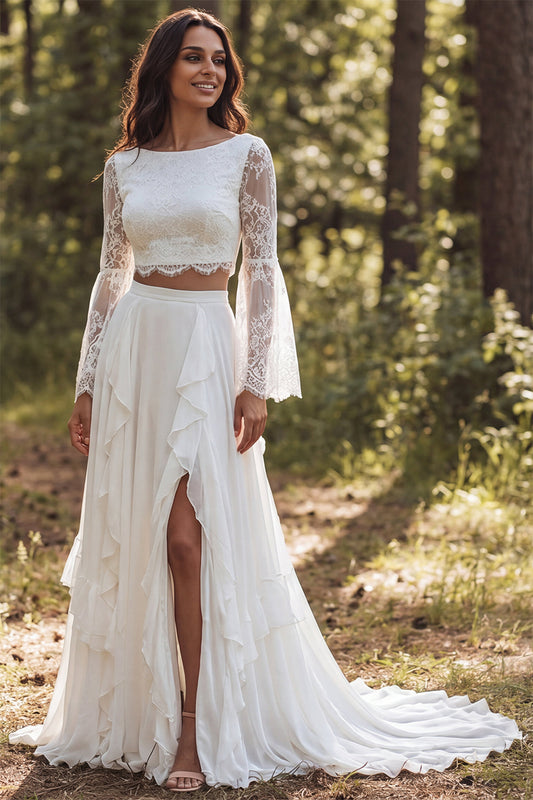 Ivory Chiffon Two Piece Boat Neck Ruffled Sweep Train Beach Wedding Dress