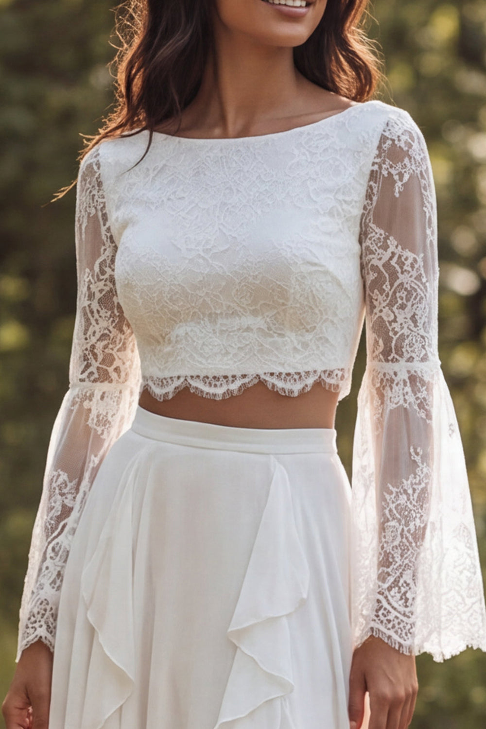 Ivory Chiffon Two Piece Boat Neck Ruffled Sweep Train Beach Wedding Dress