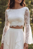 Ivory Chiffon Two Piece Boat Neck Ruffled Sweep Train Beach Wedding Dress