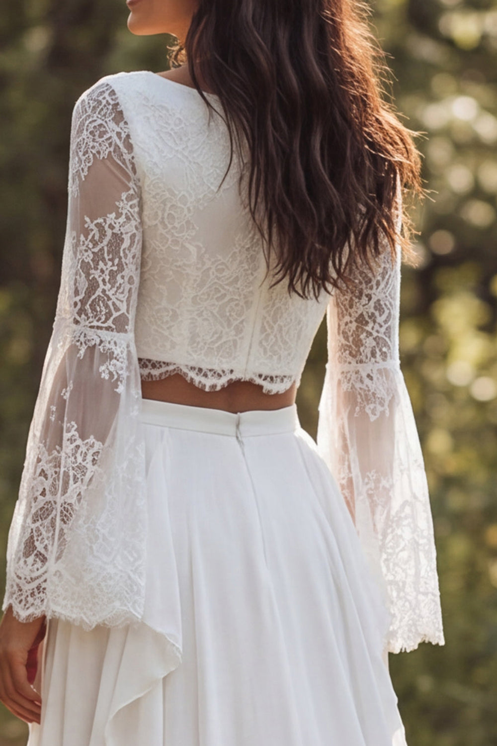 Ivory Chiffon Two Piece Boat Neck Ruffled Sweep Train Beach Wedding Dress