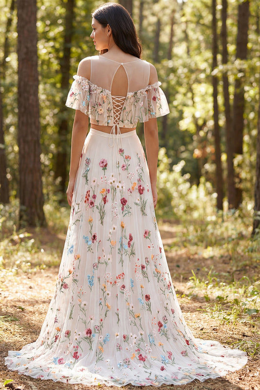 Ivory Two Piece Floral A Line Sweep Train Boho Wedding Dress with Slit