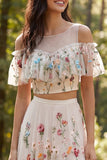 Ivory Two Piece Floral A Line Sweep Train Boho Wedding Dress with Slit
