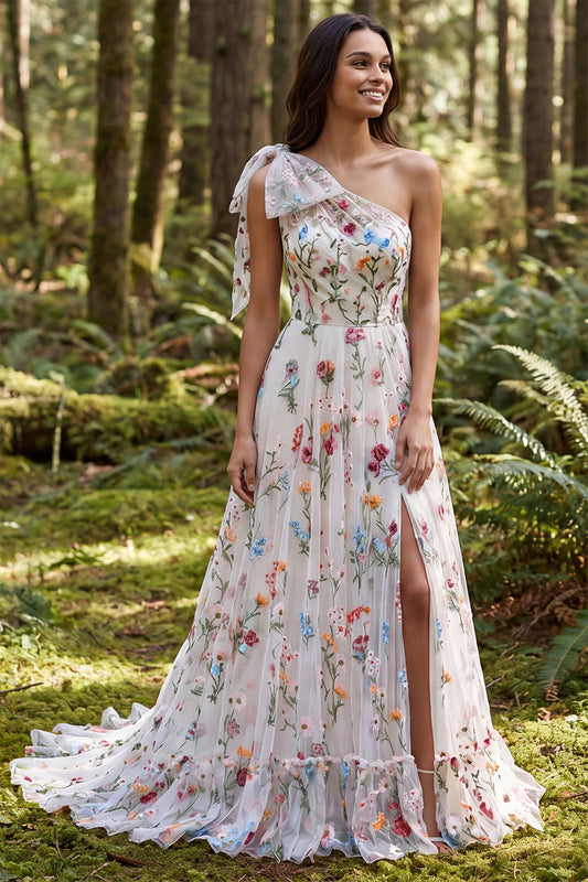 Ivory A-Line One Shoulder Floral Sweep Train Boho Wedding Dress with Bow