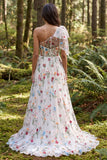 Ivory A-Line One Shoulder Floral Sweep Train Boho Wedding Dress with Bow