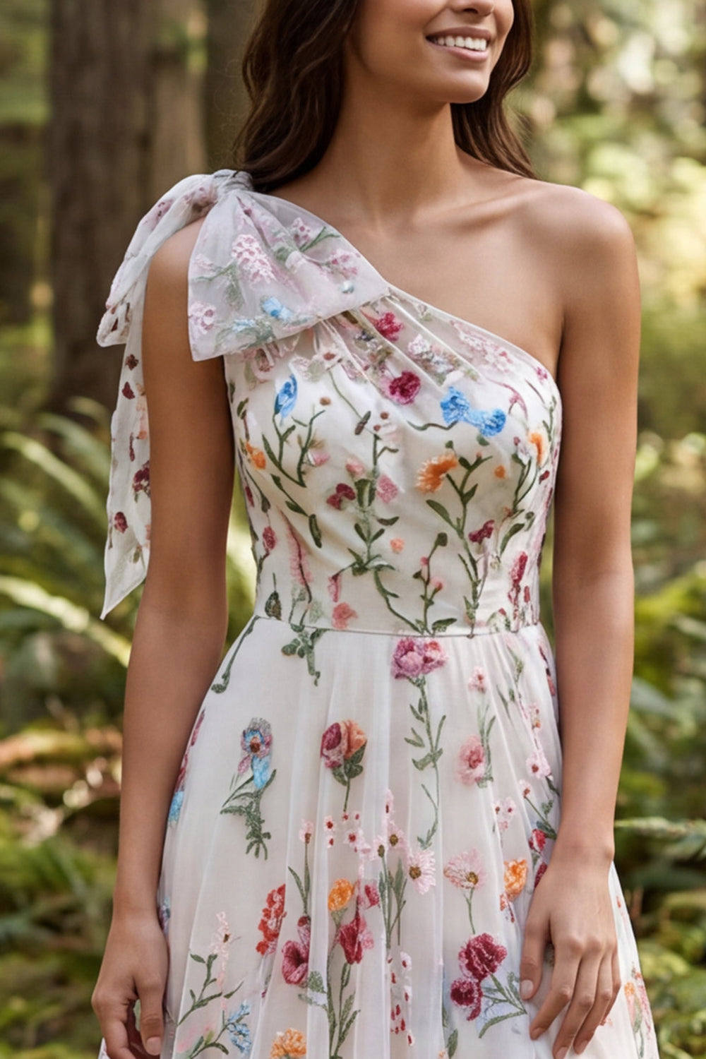 Ivory A-Line One Shoulder Floral Sweep Train Boho Wedding Dress with Bow