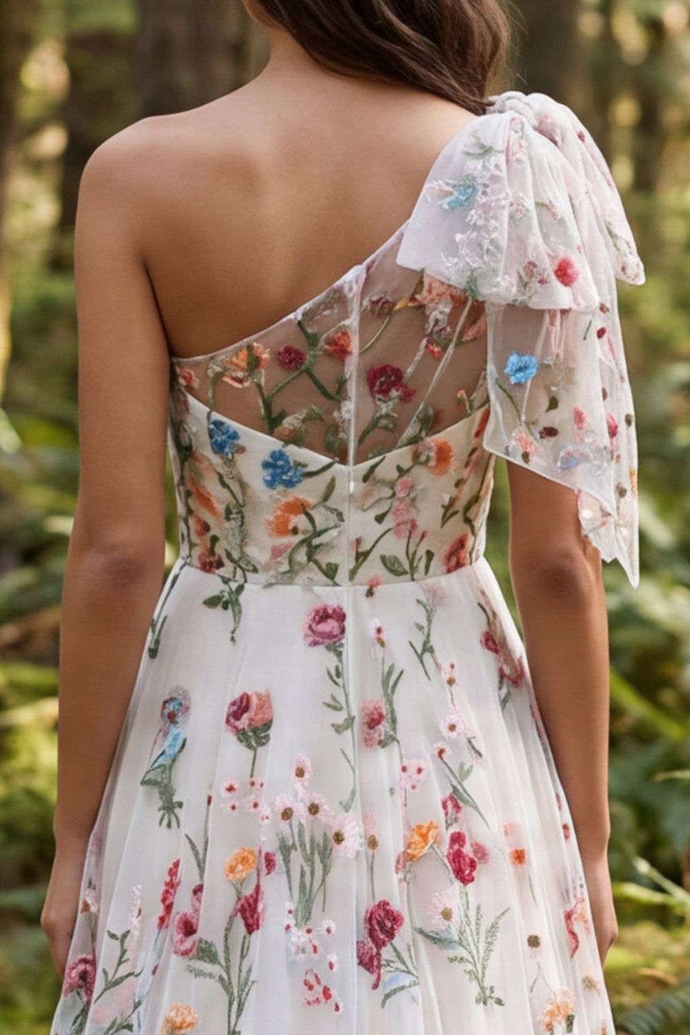 Ivory A-Line One Shoulder Floral Sweep Train Boho Wedding Dress with Bow
