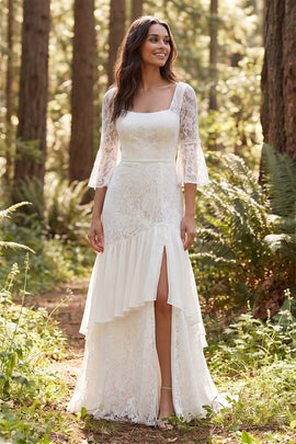 Ivory Lace Mermaid Square Neck Flare Sleeves Sweep Train Boho Wedding Dress