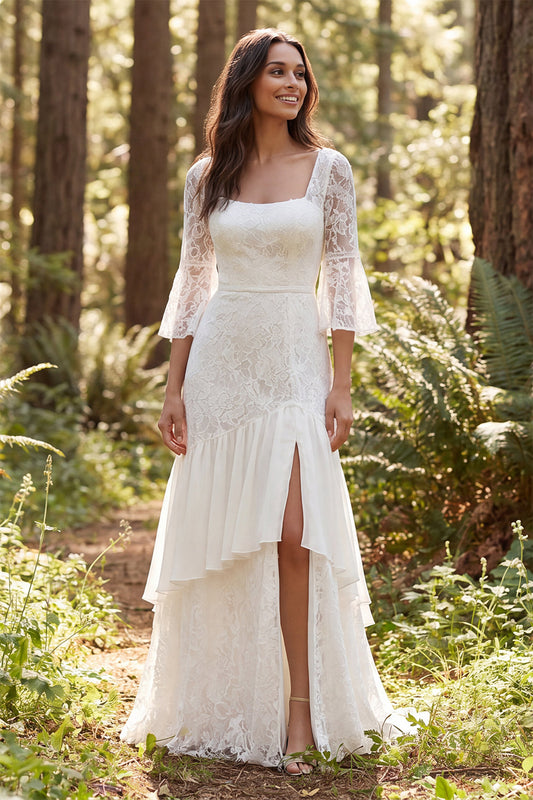 Ivory Lace Mermaid Square Neck Flare Sleeves Sweep Train Boho Wedding Dress