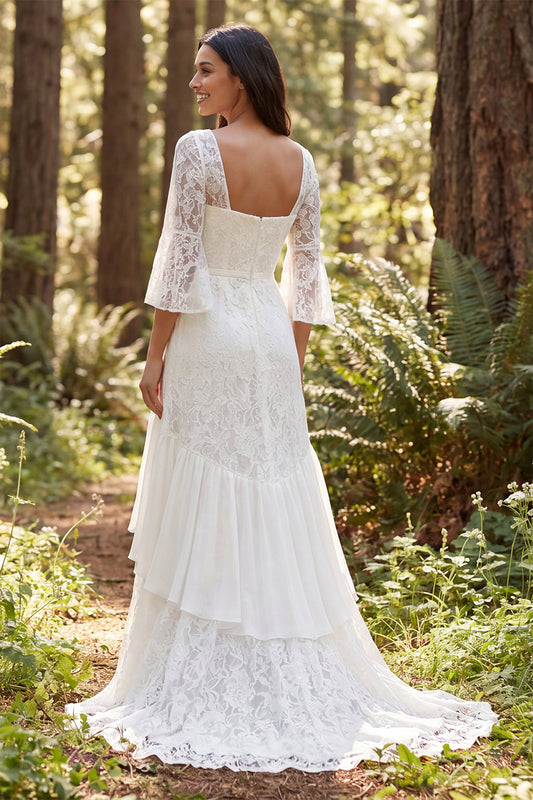 Ivory Lace Mermaid Square Neck Flare Sleeves Sweep Train Boho Wedding Dress