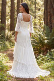 Ivory Lace Mermaid Square Neck Flare Sleeves Sweep Train Boho Wedding Dress