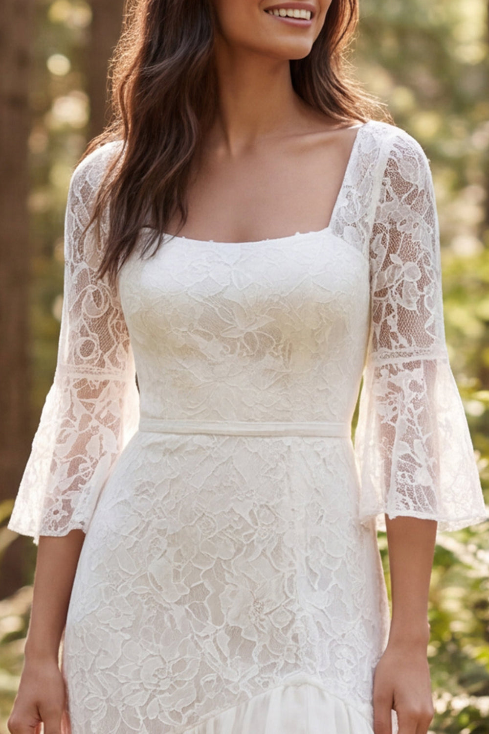 Ivory Lace Mermaid Square Neck Flare Sleeves Sweep Train Boho Wedding Dress