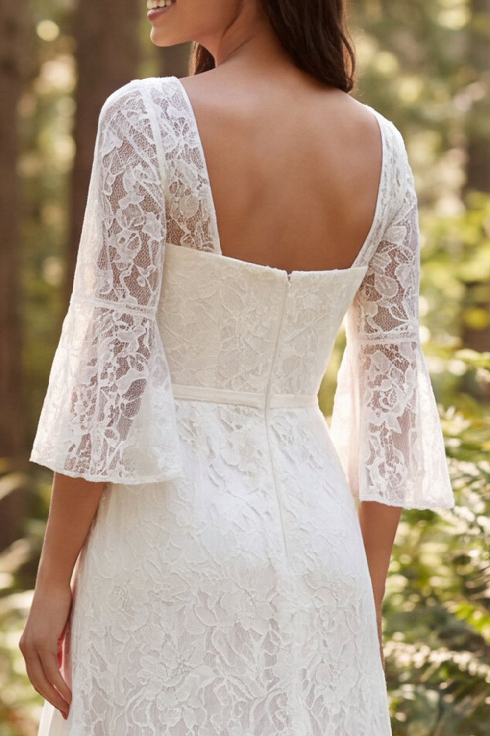 Ivory Lace Mermaid Square Neck Flare Sleeves Sweep Train Boho Wedding Dress
