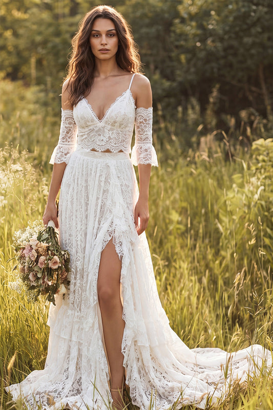 Ivory Two Piece V-Neck Lace Sweep Train Boho Wedding Dress with Slit