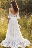 Ivory Two Piece V-Neck Lace Sweep Train Boho Wedding Dress with Slit