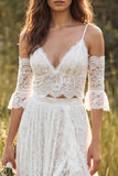 Ivory Two Piece V-Neck Lace Sweep Train Boho Wedding Dress with Slit