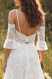 Ivory Two Piece V-Neck Lace Sweep Train Boho Wedding Dress with Slit