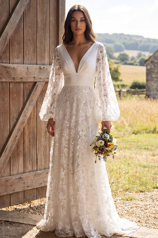 Ivory A-Line V-Neck Puff Sleeves Floral Sweep Train Boho Wedding Dress