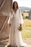 Ivory A-Line V-Neck Puff Sleeves Floral Sweep Train Boho Wedding Dress