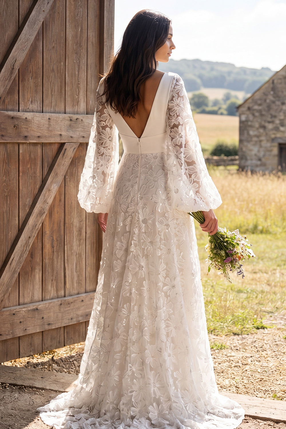 Ivory A-Line V-Neck Puff Sleeves Floral Sweep Train Boho Wedding Dress