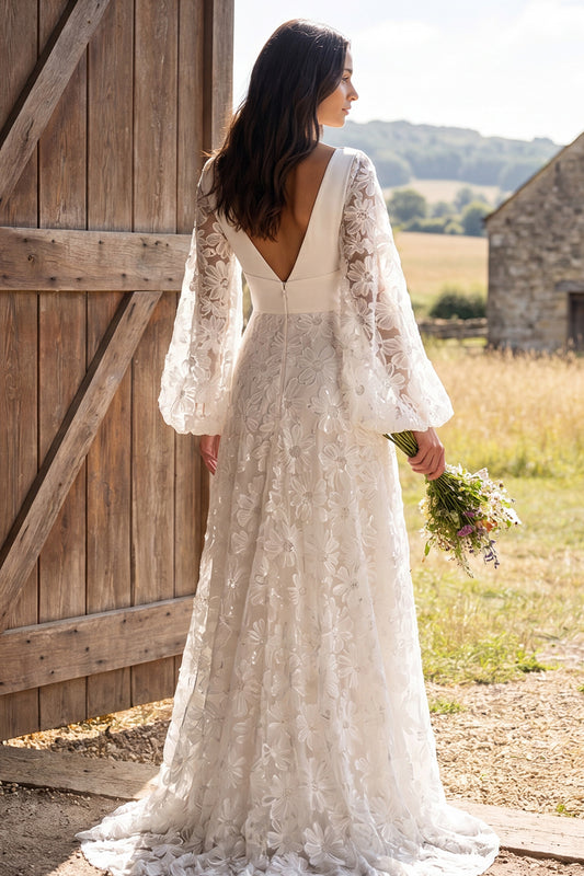 Ivory A-Line V-Neck Puff Sleeves Floral Sweep Train Boho Wedding Dress