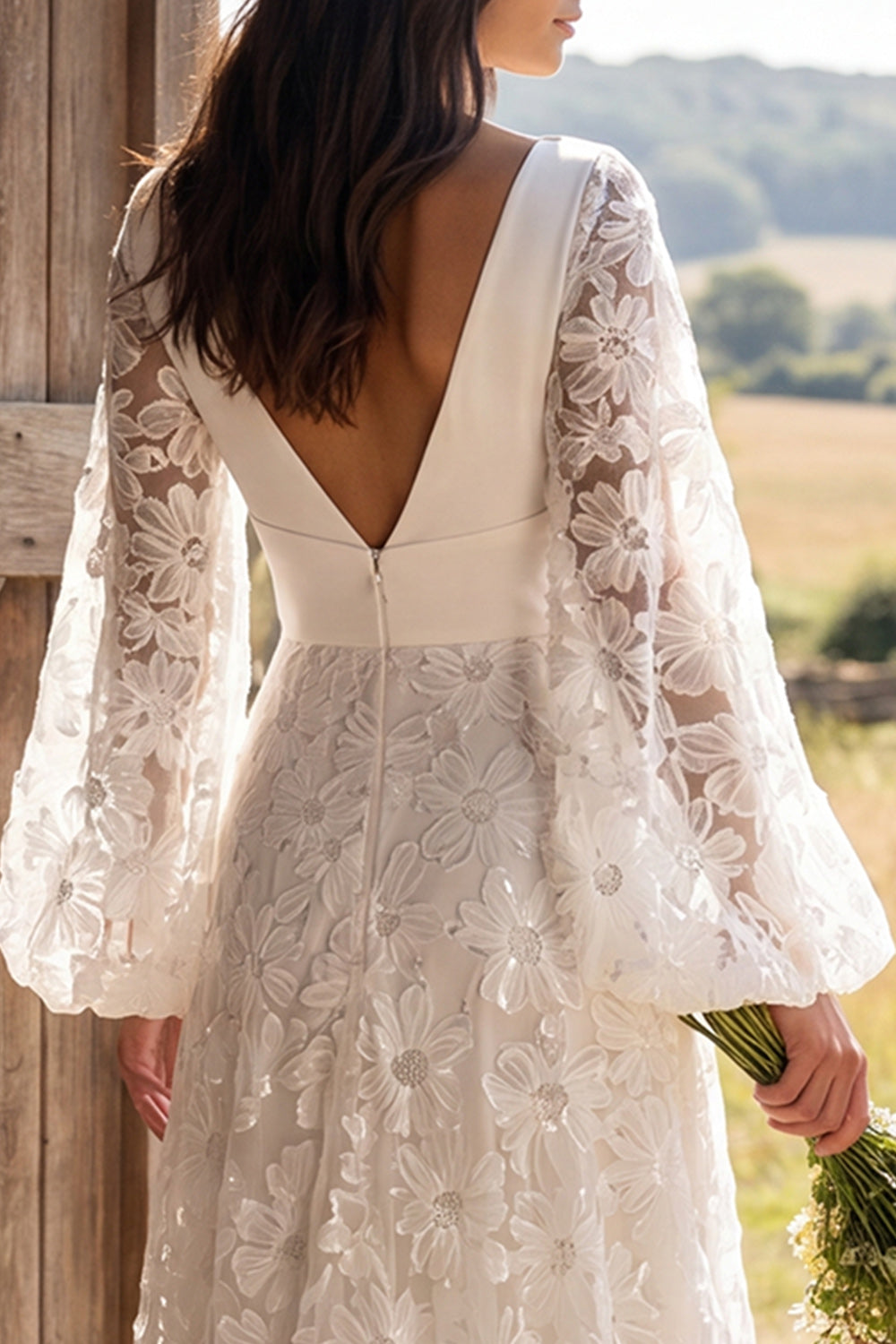 Ivory A-Line V-Neck Puff Sleeves Floral Sweep Train Boho Wedding Dress