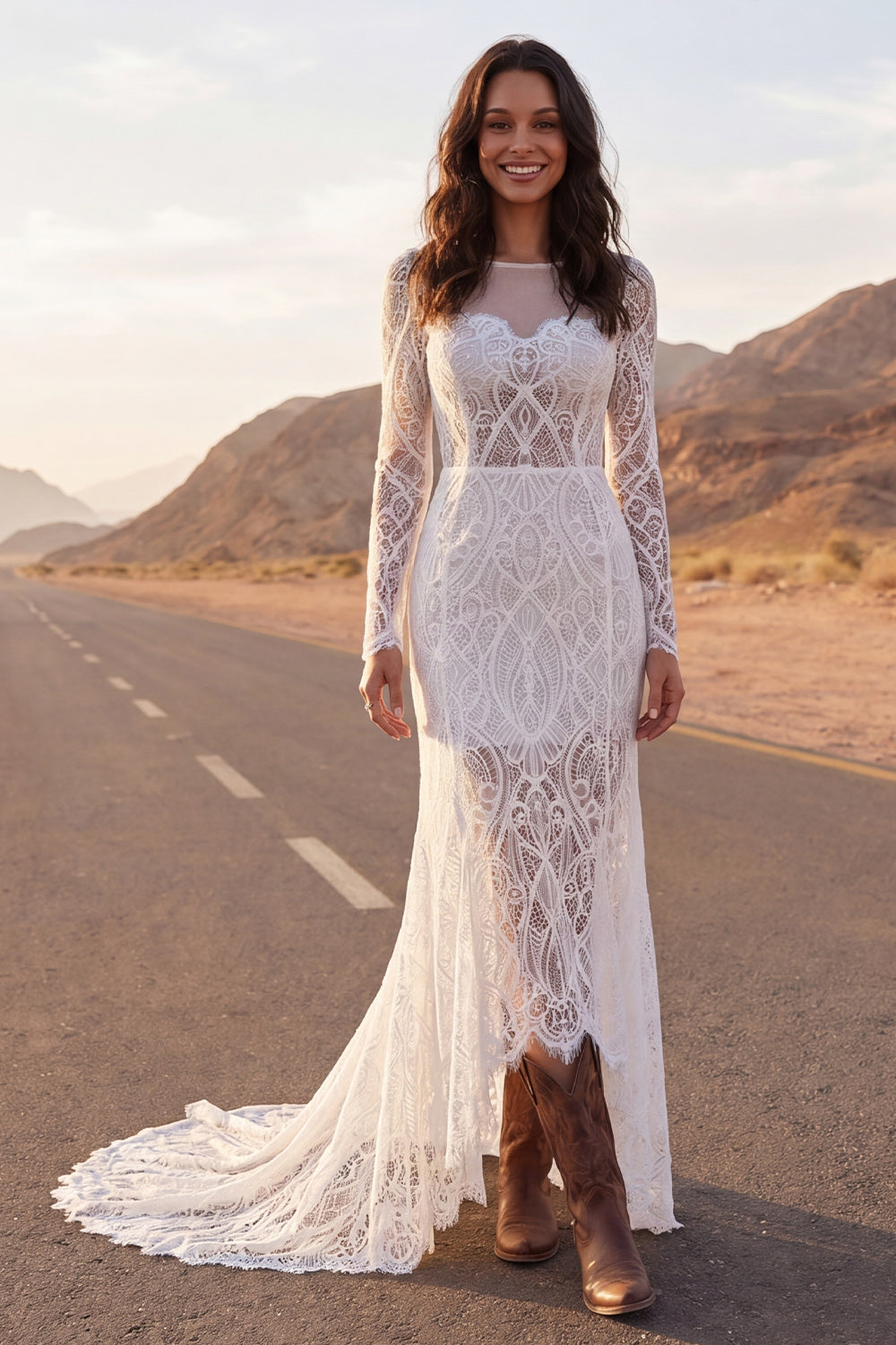Ivory Mermaid Illusion Neck Long Sleeves Sweep Train Boho Wedding Dress