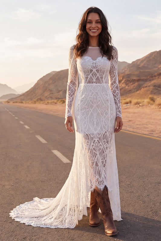 Ivory Mermaid Illusion Neck Long Sleeves Sweep Train Boho Wedding Dress