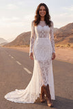 Ivory Mermaid Illusion Neck Long Sleeves Sweep Train Boho Wedding Dress
